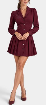 Mahaute burgundy short shirt dress with a collared neckline, button front, cinched waist, and pleated skirt.