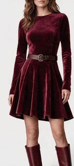 Mahaute burgundy suede skater dress with long sleeves, round neck, and matching belt, worn with tall leather boots.