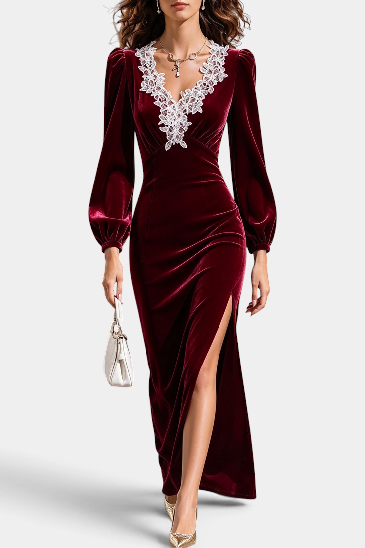 Mahaute long burgundy velvet dress with white lace V-neck, puff sleeves, and side slit.
