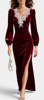 Mahaute long burgundy velvet dress with white lace V-neck, puff sleeves, and side slit.