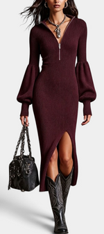 Mahaute Calyra burgundy ribbed knit midi dress with balloon sleeves, zip collar, and front slit worn by a model.