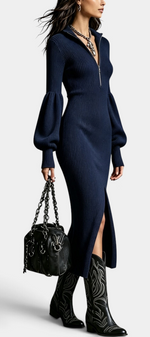 Mahaute Calyra navy blue ribbed midi dress with zip collar, balloon sleeves, and front slit worn with western boots