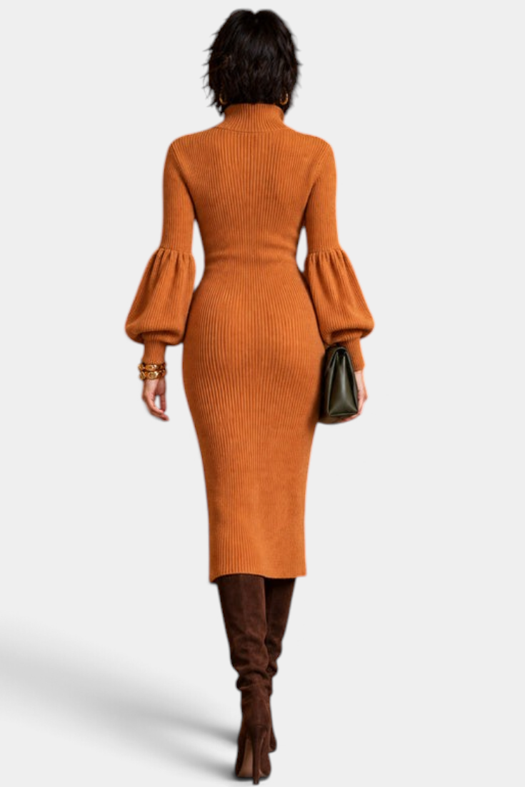 Mahaute Calyra rust orange ribbed knit midi dress with balloon sleeves and high neck, back view on a model