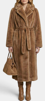 Manteau long effet fourrure Mahaute, camel, avec ceinture et col tailleur, veste élégante pour femme.
