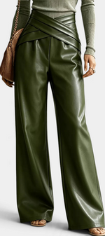 Mahaute Camellia wide-leg faux leather trousers in olive green with a stylish crossover waist and front pleats.