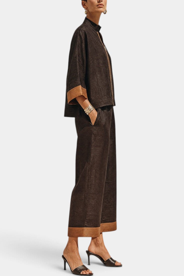Ensemble Mahaute Candelaria à veste zippée et pantalon large 7/8 contrasté, tenues décontractées en tissu marron.