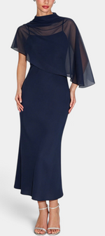 Mahaute Carys navy blue midi dress with a draped cowl neck and sheer asymmetrical cape overlay for formal events.