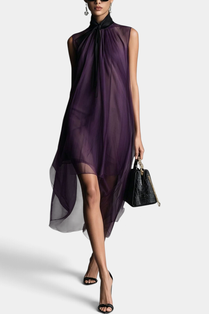 Mahaute Cecily purple asymmetrical midi dress in sheer voile with a lavalliere collar worn by a model.