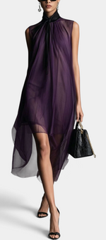 Mahaute Cecily purple asymmetrical midi dress in sheer voile with a lavalliere collar worn by a model.