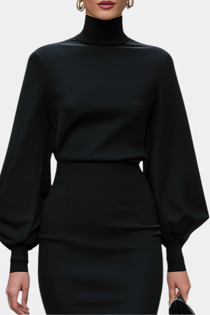 Mahaute Celandine black midi dress with a high neck and voluminous balloon sleeves in a fitted pencil silhouette.