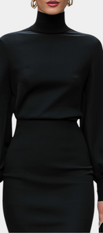 Mahaute Celandine black midi dress with a high neck and voluminous balloon sleeves in a fitted pencil silhouette.