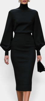 Mahaute Celandine black midi dress with a high neck, voluminous balloon sleeves, and a fitted pencil skirt silhouette.