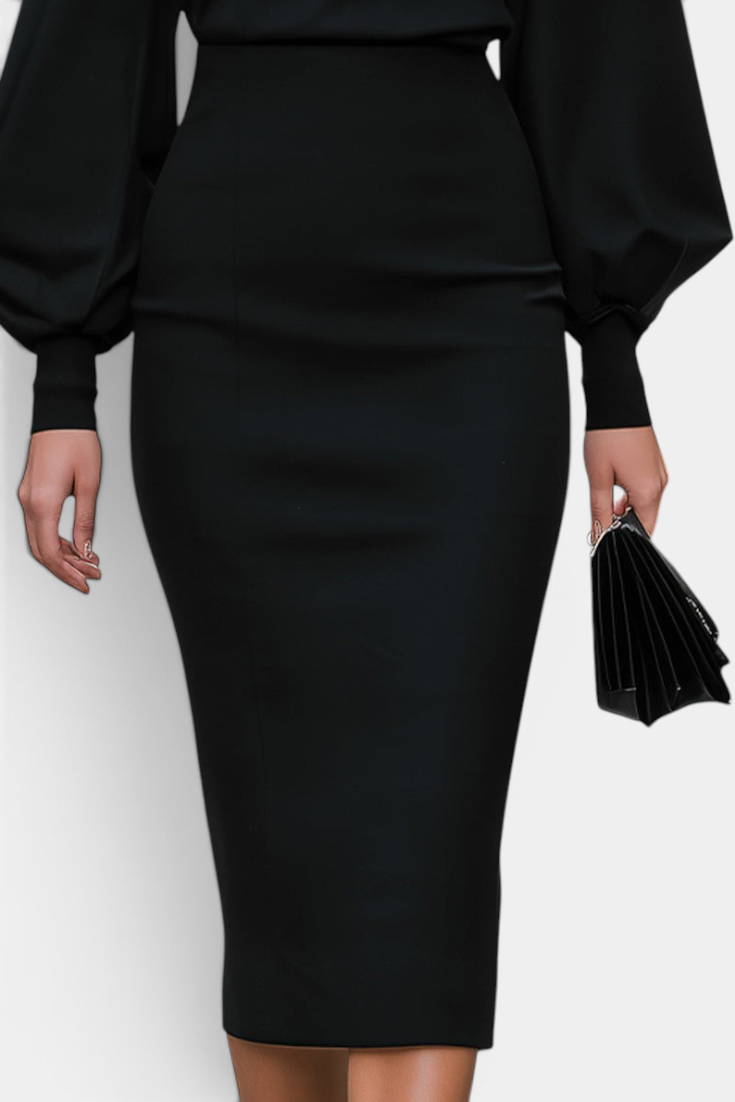 Mahaute Celandine black midi pencil dress with voluminous balloon sleeves and a fitted silhouette.