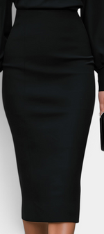 Mahaute Celandine black midi pencil dress with voluminous balloon sleeves and a fitted silhouette.
