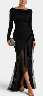 Mahaute Chantelle long black evening gown with draped neckline, asymmetrical ruffles, and sheer skirt panels.
