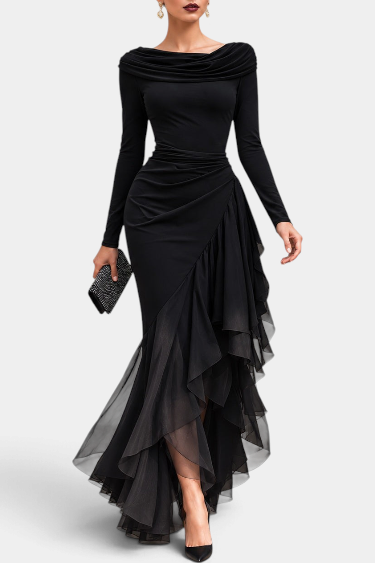 Mahaute Chantelle long black evening gown with draped neckline, structured waist, and asymmetrical ruffled skirt.