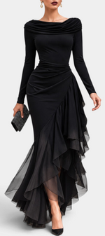 Mahaute Chantelle long black evening gown with draped neckline, structured waist, and asymmetrical ruffled skirt.