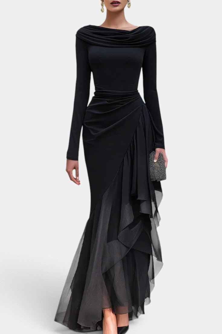 Mahaute Chantelle black long evening gown with draped neckline, long sleeves, and asymmetrical ruffled skirt detail.