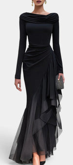 Mahaute Chantelle black long evening gown with draped neckline, long sleeves, and asymmetrical ruffled skirt detail.