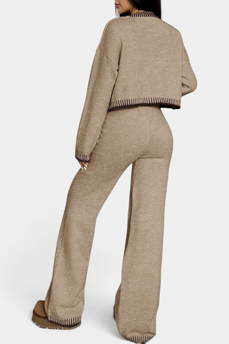 Mahaute Clemency beige knit lounge set with contrast striped trim on the cardigan and wide-leg trousers, back view.