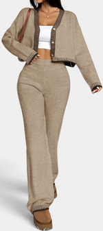 Mahaute Clemency beige knit two-piece set with contrast striped trim cardigan and wide-leg trousers