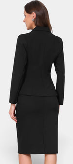 Ensemble tailleur noir Mahaute Clervie avec blazer cintré et jupe crayon mi-longue, parfait pour une tenue élégante.