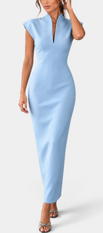 Mahaute Clorinde light blue long fitted dress with structured shoulders, open stand collar, and deep V-neckline.