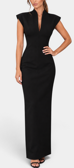Mahaute Clorinde long black fitted evening gown with structured shoulders, open high collar, and deep V-neckline