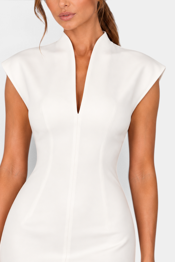 Mahaute Clorinde white fitted long dress featuring a structured open stand collar and a deep V-neckline