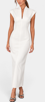 Mahaute Clorinde long white fitted dress with structured shoulders, open high collar, and deep V-neckline