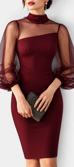 Mahaute Cosette burgundy midi dress with high neck, sheer tulle puff sleeves, and fitted silhouette for formal events.