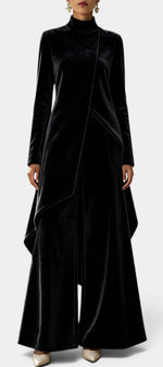Mahaute Cosima black velvet two-piece set featuring an asymmetrical tunic with high neck and wide-leg trousers