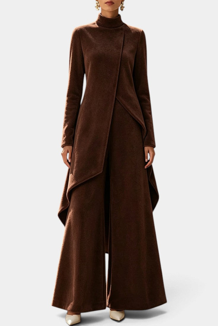 Mahaute Cosima brown velvet ensemble featuring an asymmetrical tunic with high neck and matching wide-leg trousers.