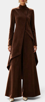 Mahaute Cosima brown velvet ensemble featuring an asymmetrical tunic with high neck and matching wide-leg trousers.