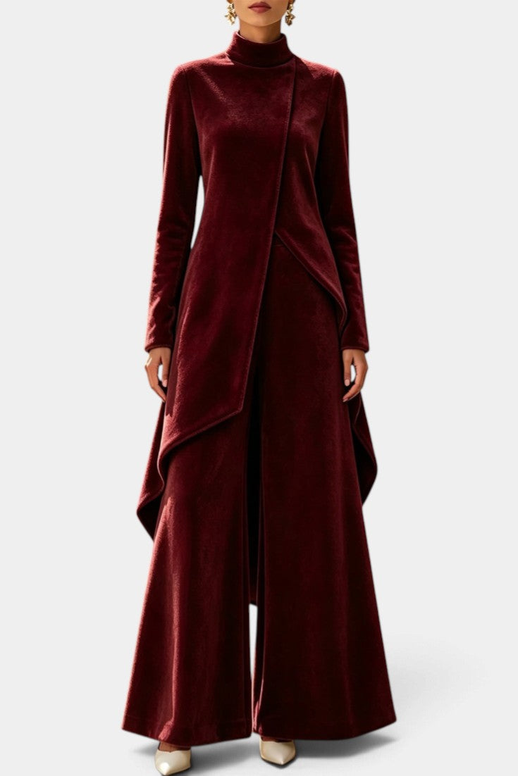 Mahaute Cosima burgundy velvet set featuring an asymmetrical tunic with high neck and wide-leg trousers
