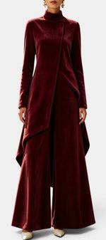 Mahaute Cosima burgundy velvet set featuring an asymmetrical tunic with high neck and wide-leg trousers