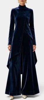 Mahaute Cosima navy blue velvet ensemble featuring an asymmetrical tunic with high neck and wide-leg trousers.