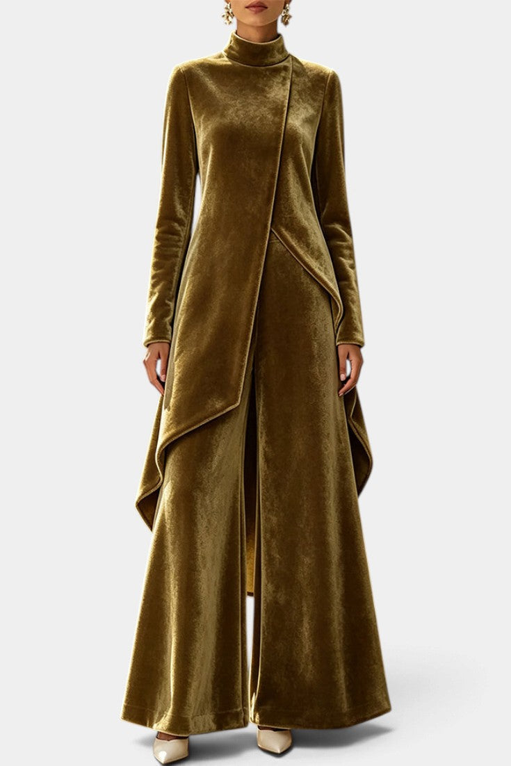 Mahaute Cosima olive green velvet ensemble featuring an asymmetrical tunic with high neck and wide-leg trousers.