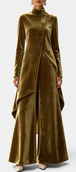 Mahaute Cosima olive green velvet ensemble featuring an asymmetrical tunic with high neck and wide-leg trousers.