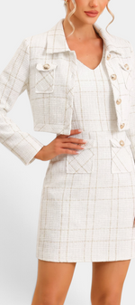 Mahaute cream tweed short dress and jacket set with gold buttons and a subtle plaid pattern.