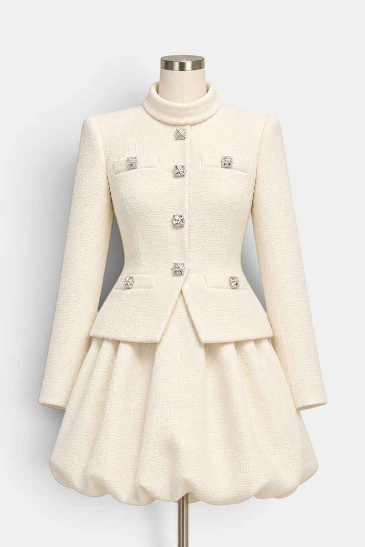 Mahaute Miglena cream structured jacket with square jewel buttons and matching voluminous bubble skirt on a mannequin.