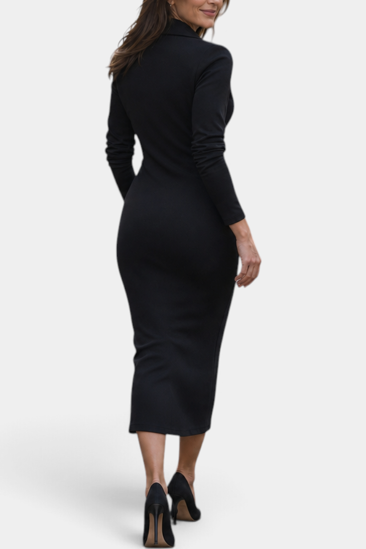 Mahaute Darelle black midi dress with long sleeves and tailored collar, back view on a model wearing black heels.