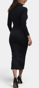Mahaute Darelle black midi dress with long sleeves and tailored collar, back view on a model wearing black heels.