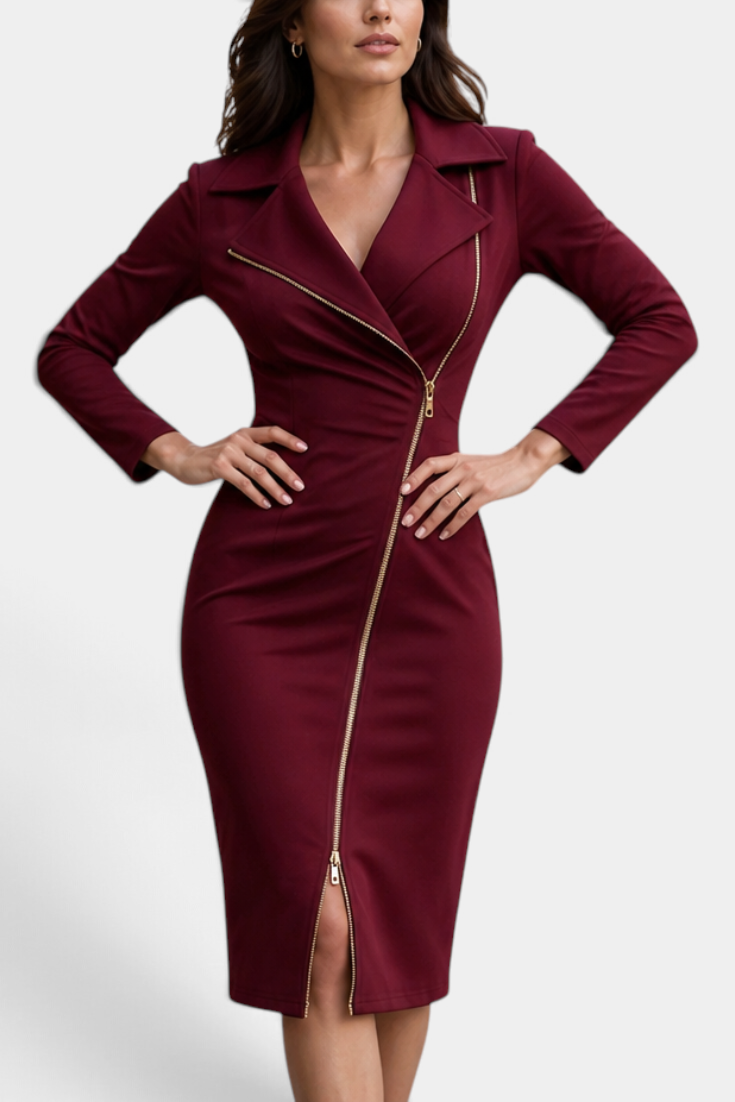 Mahaute Darelle burgundy midi dress with tailored collar, long sleeves, and an asymmetrical gold front zipper.