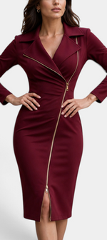 Mahaute Darelle burgundy midi dress with tailored collar, long sleeves, and an asymmetrical gold front zipper.