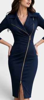 Mahaute Darelle navy blue midi dress with tailored collar, long sleeves, and an asymmetrical gold front zipper.