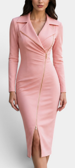 Mahaute Darelle pink midi dress with tailored collar, long sleeves, and an asymmetrical gold front zipper.