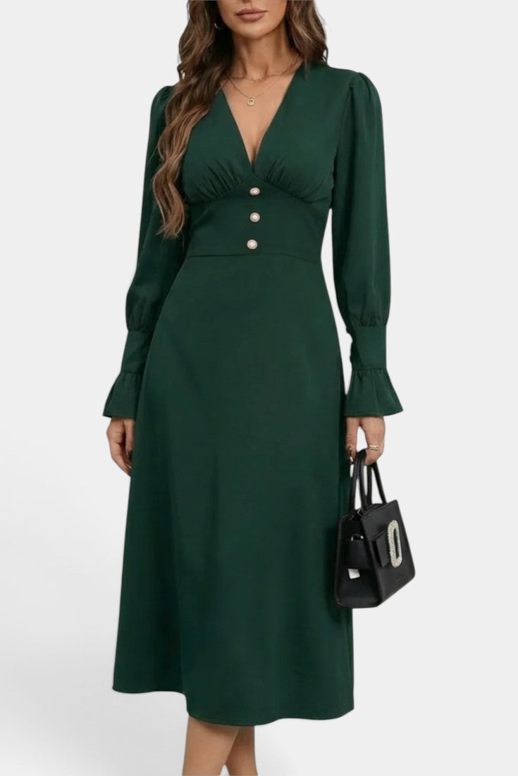 Robe mi-longue Mahaute verte foncée avec décolleté en V, taille haute et boutons, vêtement élégant pour femmes.