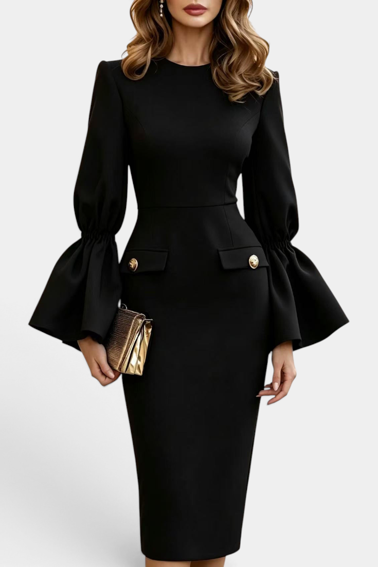 Mahaute Demelza black midi sheath dress with flared sleeves and gold button details on a model
