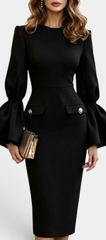 Mahaute Demelza black midi sheath dress with flared sleeves and gold button details on a model